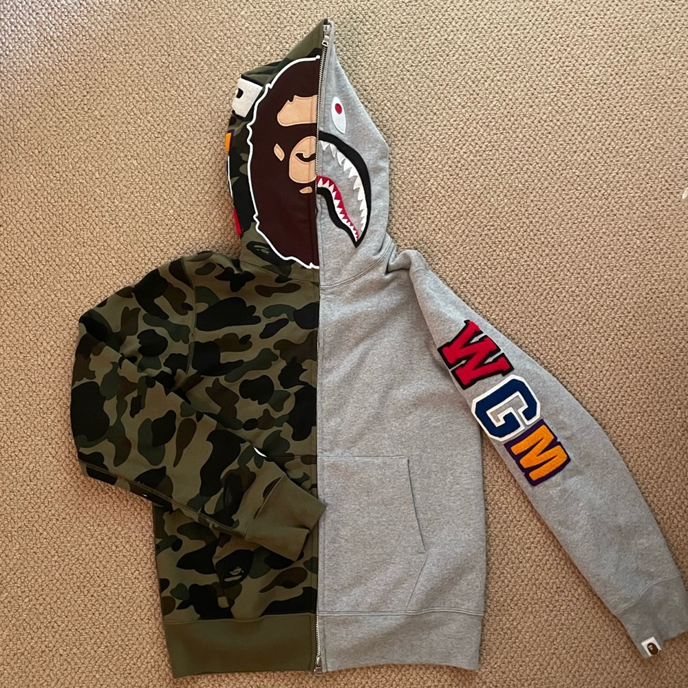 a bathing ape camo shark hoodie zip up